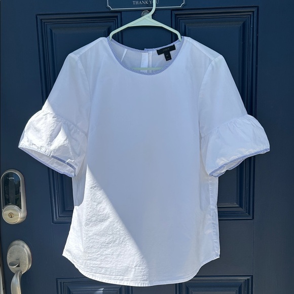 JCrew Tipped Button-Back Bell Sleeve White Cotton Top with blue trim - Picture 4 of 13